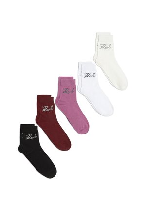 Fünf Paare von Knöchelsocken in Schwarz, Burgunderrot, Rosa und Weiß. Jede Socke hat ein Logo in einer Kontrastfarbe. Hergestellt aus einem weichen, dehnbaren Material.