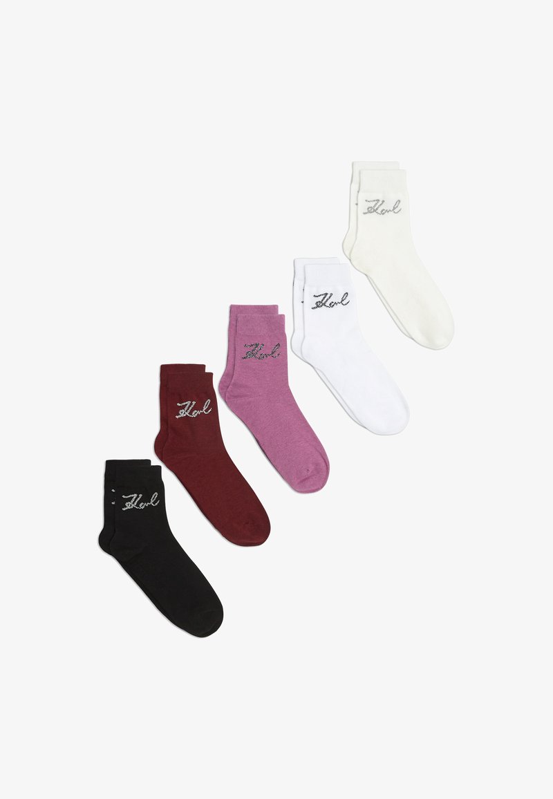 Five pairs of ankle socks in black, burgundy, pink, white. Each sock features a logo in a contrasting color. Made from a soft, stretchable material.