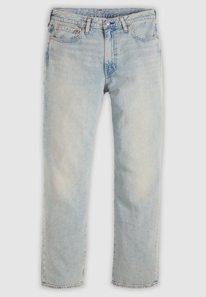 Jean bleu clair délavé à jambes droites, avec poches avant, passants de ceinture, fermeture par bouton et fermeture éclair.