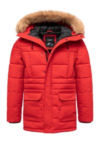 Red padded parka with a detachable brown fur hood, black lining, two front pockets, and adjustable drawcords. Warm and weather-resistant design.
