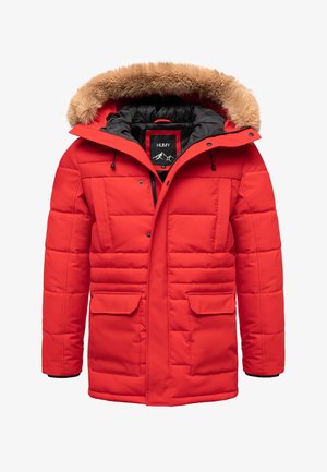 Rote gepolsterte Parka mit abnehmbarem braunem Fellkapuze, schwarzem Innenfutter, zwei Fronttaschen und verstellbaren Kordelzügen. Wärmendes und wetterbeständiges Design.
