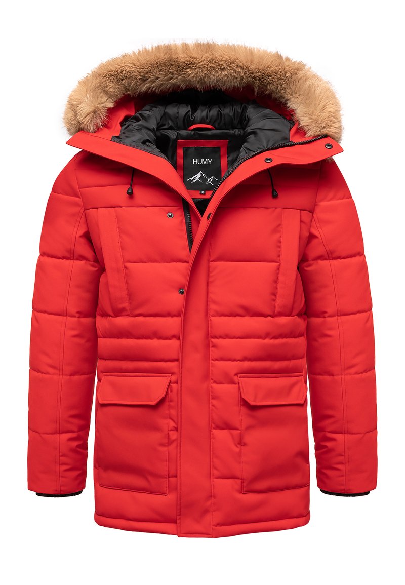 Red padded parka with a detachable brown fur hood, black lining, two front pockets, and adjustable drawcords. Warm and weather-resistant design.