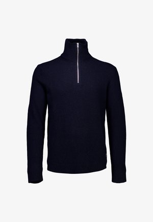 Dunkelblauer Wollpullover mit Stehkragen und Viertelreißverschluss. Verfügt über gerippte Bündchen und Saum, zeigt eine weiche Textur und eine körpernahe Passform.