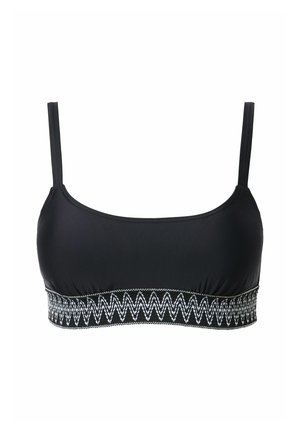 Top de bikini negro con tirantes finos, que presenta un patrón texturizado en zigzag en la banda elástica. Tela suave con un ajuste ceñido.