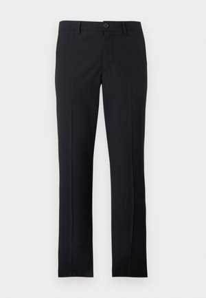 Pantalon habillé noir cintré avec un motif à carreaux subtil, fermeture à boutons devant, passants pour ceinture et plis marqués sur chaque jambe.