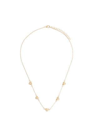 Delikatny złoty naszyjnik z łańcuszkiem z pięcioma małymi złotymi zawieszkami w kształcie serc, z których każda ma drobny przezroczysty kamień szlachetny, oraz z zapięciem z regulacją długości.