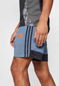 Leichte, hellblaue Sportshorts für Herren mit dunkelblauen Akzentpaneelen. Mit schwarzen Streifen und einem orangen Adidas-Logo an der Seite.