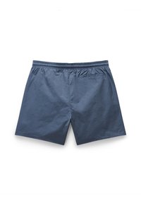 Men's swim shorts in a solid slate blue color, featuring an elastic waistband and a single back pocket with minimal texture.