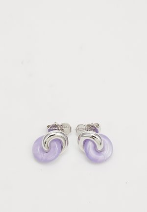 Silver and lavender twisted hoop stud earrings with a smooth, glossy finish on a white background.