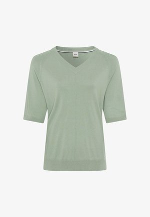 Kurzarmpullover mit V-Ausschnitt in Hellgrün, aus weichem Strickstoff gefertigt. Verfügt über gerippte Kanten und ein dezentes Nahtdetail an den Seiten.