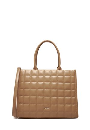 Beige gesteppte Lederhandtasche mit rechteckiger Form, doppelten oberen Griffen, abnehmbarem Schulterriemen und kleinem goldfarbenem Markenlogo vorne.