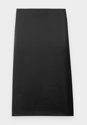 Black pencil skirt made of smooth fabric, featuring a perforated pattern. Rectangular shape with an even hem and no visible closures or accents.