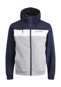 Hooded jacket with a navy upper and gray lower section, featuring a white stripe across the chest and front zipper. Brand logo on left.
