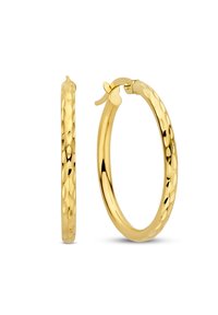 Goldene Creolen mit gehämmertem Muster. Kreisform und sichere Klappverschluss, die ein poliertes Finish und eine reflektierende Oberfläche präsentieren.