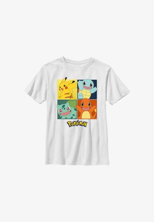 Weißes Baumwoll-T-Shirt mit vier Pokémon-Charakteren in bunten Kästchen: Pikachu, Schiggy, Bisasam und Glumanda, mit "Pokémon"-Logo.