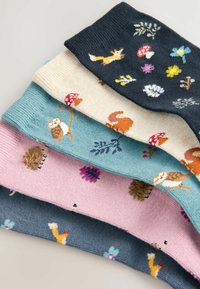 Five pairs of socks in various colors: navy, light blue, cream, pink, and teal. Each features unique, colorful animal and nature patterns.