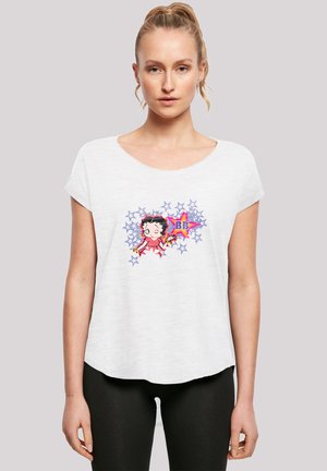 Weißes kurzärmliges T-Shirt aus leichtem Material, mit einem bunten Grafikdruck eines Cartooncharakters und Sternen in verschiedenen Farben.