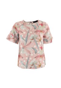 Top a maniche corte in tessuto rosa con stampa floreale, foglie verdi e pois bianchi. Collo rotondo con dettaglio a chiave sul retro.