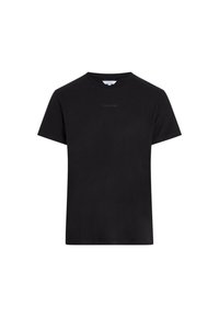 T-shirt nera in cotone con maniche corte, collo rotondo e logo "Calvin Klein" stampato sul davanti in modo sottile. Tessuto morbido, vestibilità regolare.