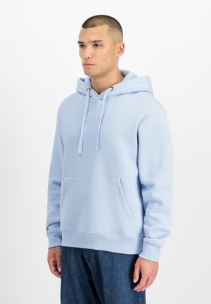 Light blue hoodie made of cotton blend, featuring a kangaroo pocket, adjustable drawstring hood, and ribbed cuffs and hem.