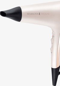 Remington Proluxe hårføner med et elegant design i rosagull og hvitt, svart dyse og kontrollknapper for hastighets- og temperaturnivåer.