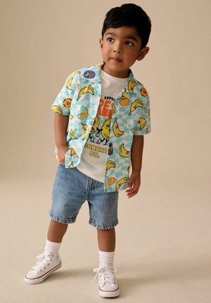 Noor poiss seisab, kandes sinist ruudulist särki banaanikujundusega, valget graafilise mustriga t-särki, teksapükse, valgeid sokke ja spordijalatseid.