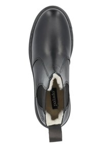 Stivaletto in pelle nera con lati elasticizzati, rimborso in pelliccia e linguetta posteriore. Punta arrotondata e superficie liscia e lucida.