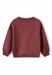 Felpa bordeaux con collo tondo, spalle scese e polsini e orlo a costine, con una texture liscia e un design semplice.