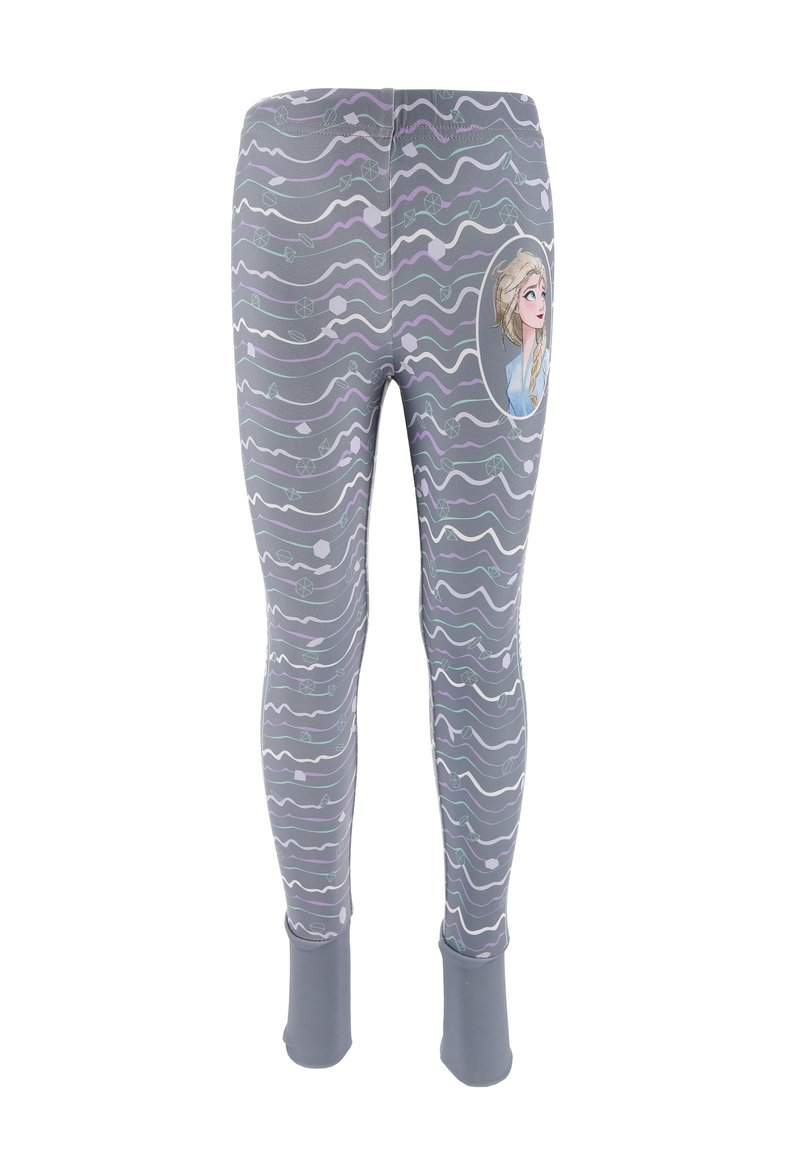 Leggings grigi con un motivo ondulato in viola e verde chiaro, caratterizzati da un'illustrazione circolare di un personaggio sul lato superiore.