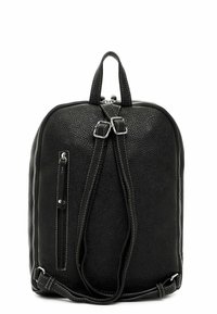 Black leather backpack with a textured finish, featuring dual adjustable shoulder straps, a top handle, and front zip pocket with silver hardware.