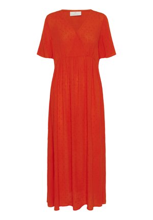 Červené šatové šaty do kolen, vyrobené z lehkého materiálu, s výstřihem do V, krátkými rukávy a nabíraným pasem. Obsahují jemně strukturované puntíky.