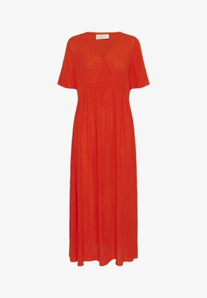 Red, knee-length dress made of lightweight fabric with a V-neck, short sleeves, and gathered waist. Features subtle textured polka dots.