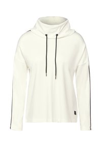 Witte pullover met een hoge col, zwarte trekkoorden en zwarte zijstrepen. Zachte stof met lange mouwen en een relaxte pasvorm.