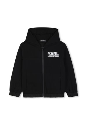 Veste noire à capuche zippée avec poignets élastiques et logo blanc Karl Lagerfeld sur la poitrine gauche.