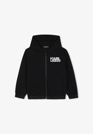 Czarna bluza z kapturem na zamek błyskawiczny, z elastycznymi mankietami i białym logo Karl Lagerfeld po lewej stronie klatki piersiowej.