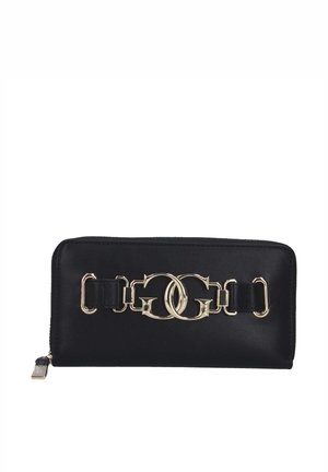 Portafoglio in pelle nera con un design a catena in tonalità oro con anelli intrecciati, chiusura a zip e una texture liscia.