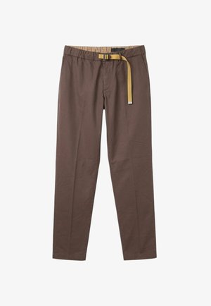 Pantaloni marroni a gamba dritta con vita elasticizzata e cintura gialla regolabile con fibbia nera.
