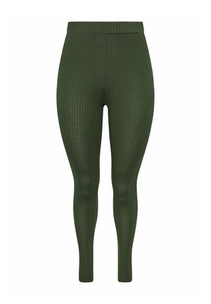 Leggings a coste in verde oliva, vita alta, aderenti e lunghezza alla caviglia, realizzati in tessuto a maglia elasticizzato.