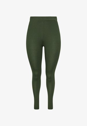 Gerippte, olivgrüne Leggings mit hoher Taille, schmalem Schnitt und Knöchellänge, aus elastischem Strickstoff gefertigt.