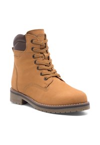 Brūnas ādas potītes zābaki ar apaļu purngalu, tan krāsas ādas akcentiem un metāla acīm. Iespējojama teksturēta zole un kontrastējoša dūriena šuvē.