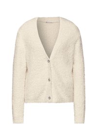 Cremefarbener Cardigan aus strukturiertem, flauschigem Stoff. Mit tiefem V-Ausschnitt und fünf dekorativen Knöpfen auf der Vorderseite. Lange Ärmel.