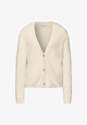 Kremowy kardigan wykonany z teksturowanej, puszystej tkaniny. Posiada głęboki dekolt w kształcie V i pięć ozdobnych guzików z przodu. Długie rękawy.
