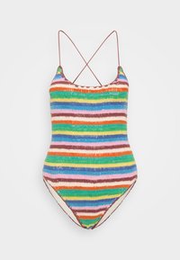 Bunt gehäkelter Badeanzug mit horizontalen Streifen in Grün, Blau, Pink, Orange und Braun. Verfügt über verstellbare Kreuzträger.