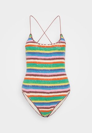 Višebojni kukičani jednopiece kupaći kostim s horizontalnim prugama u zelenoj, plavoj, ružičastoj, narančastoj i smeđoj boji. Sadrži podesive trakice koje se križaju na leđima.