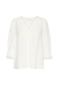 White cotton blouse featuring a V-neck, button-down front, braided knit details along the placket, and puffed sleeves with elastic cuffs.