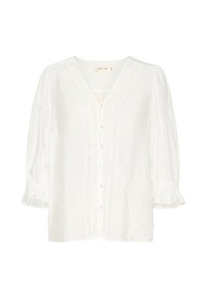 White cotton blouse featuring a V-neck, button-down front, braided knit details along the placket, and puffed sleeves with elastic cuffs.