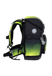 Black and green gradient backpack with padded straps, mesh accents, and a silver logo. Features a small dog-shaped zipper pull and multiple pockets.