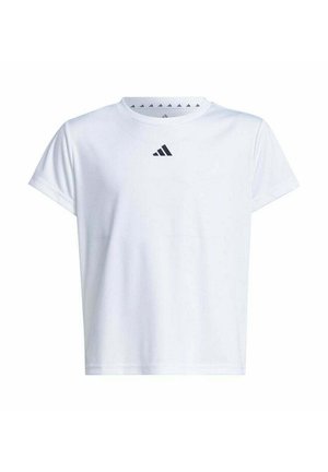 Weißes T-Shirt mit kurzen Ärmeln aus weichem Stoff, mit Rundhalsausschnitt und kleinem schwarzen Adidas-Logo auf der Brust.
