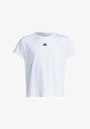 T-shirt bianca a maniche corte realizzata in tessuto morbido, con collo rotondo e un piccolo logo Adidas nero sul petto.