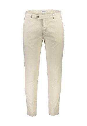 Pantalons en lin beige avec une coupe ajustée, fermeture à bouton à l'avant, braguette zippée et poches latérales. Texture lisse et design minimaliste.